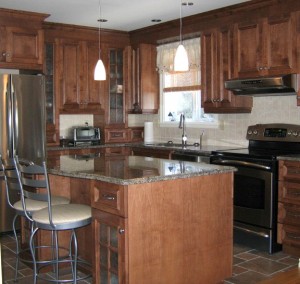 Wood kitchen cabinets, island